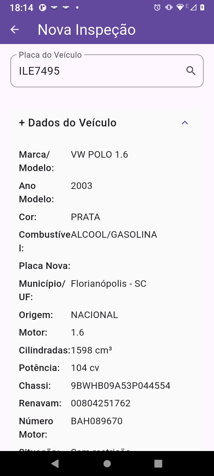 Tela de busca de placa VerifiCar